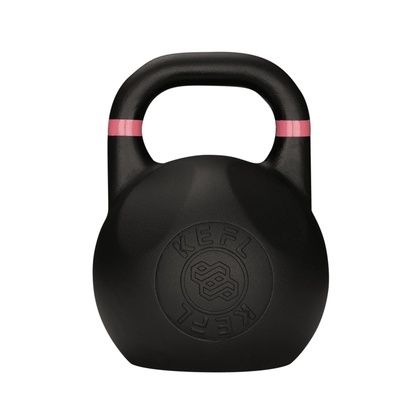 Svart gjutjärnskettlebell med rosa markering på handtaget